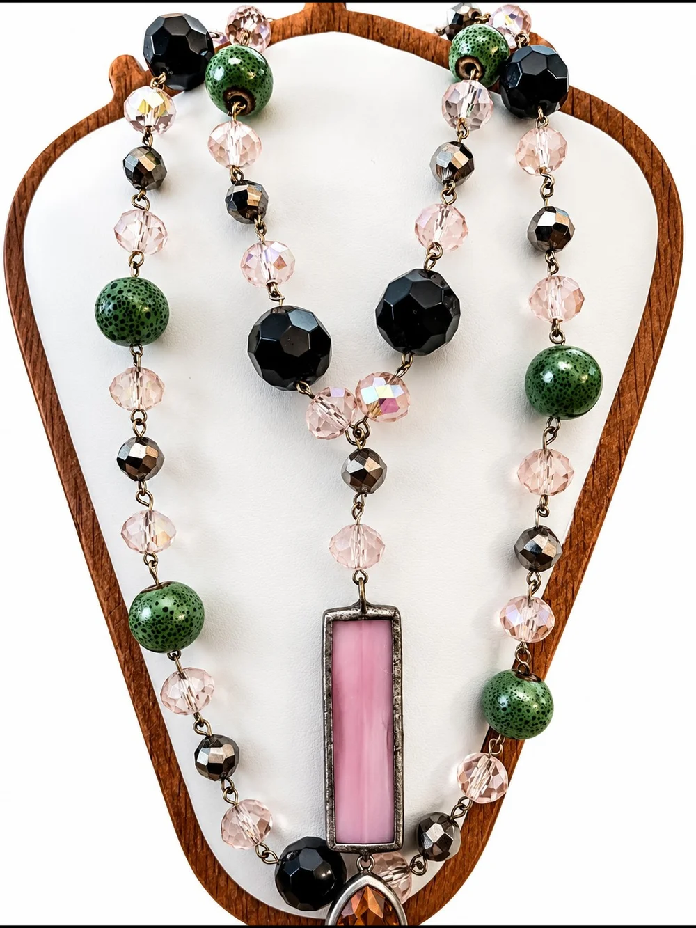 Statement Glass Pendant Necklace with Green and Black Crystal And Glass Beads